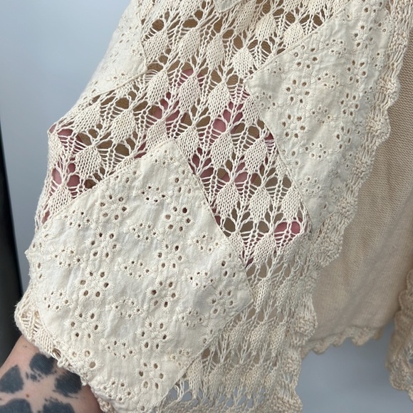 Crystal-Kobe Cardigan Womens 1X Cream Knit‎ Vintage Patchwork Sweater Boho - Picture 2 of 8